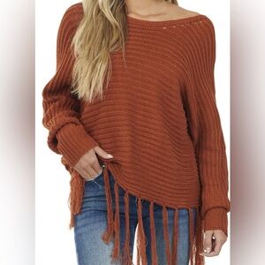 NWT Women’s FSL Apparel Boat Neck Rust Fringe Tassel Sweater L Large Boutique
